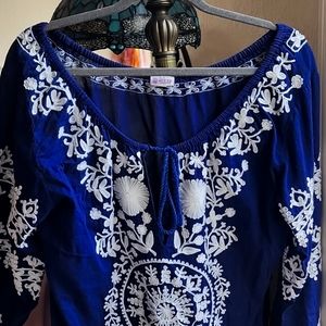 Bohemian navy with white embroidery nice tunic top from SRF Encinitas gift shop